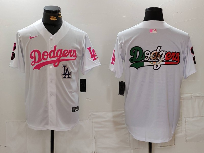 Personalized Men’s Los Angeles Dodgers Team Big Logo White Pink Vin & Kobe Patch Stitched Baseball Jerseys