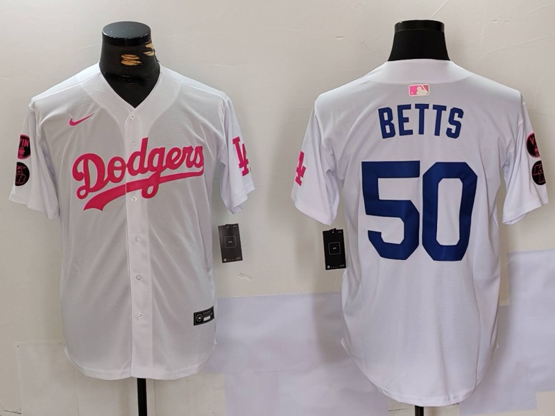 Personalized Men’s Los Angeles Dodgers #50 Mookie Betts White Pink Vin & Kobe Patch Stitched Baseball Jerseys