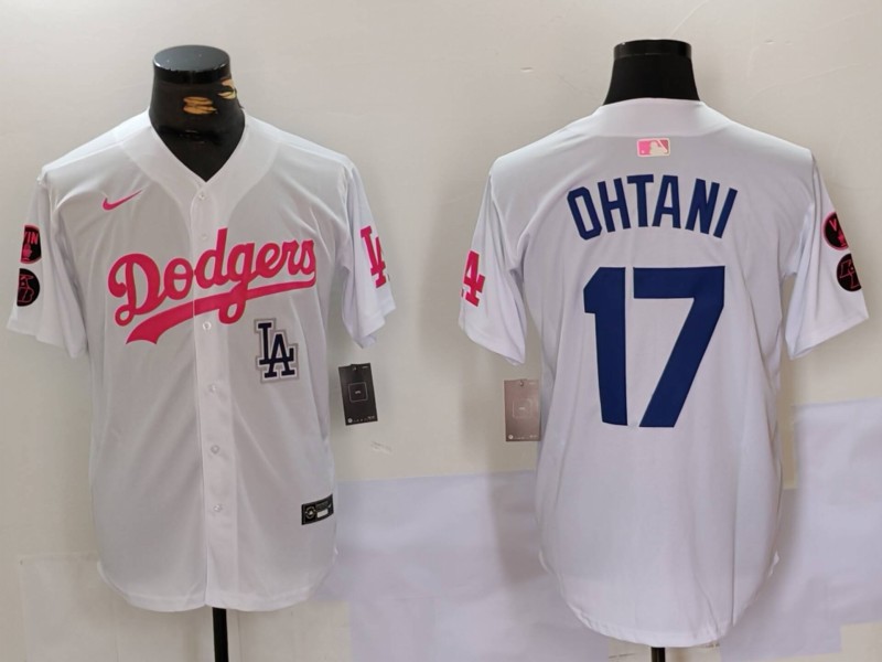 Personalized Men’s Los Angeles Dodgers #17 Shohei Ohtani White Pink Vin & Kobe Patch Stitched Baseball Jerseys