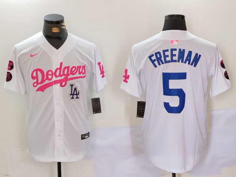 Personalized Men’s Los Angeles Dodgers #5 Freddie Freeman White Pink Vin & Kobe Patch Stitched Baseball Jerseys