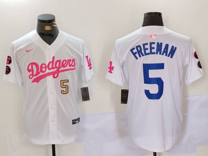 Personalized Men’s Los Angeles Dodgers #5 Freddie Freeman White Pink Vin & Kobe Patch Stitched Baseball Jerseys