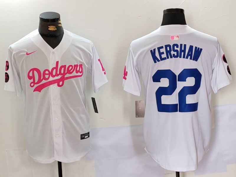 Personalized Men’s Los Angeles Dodgers #22 Clayton Kershaw White Pink Vin & Kobe Patch Stitched Baseball Jerseys