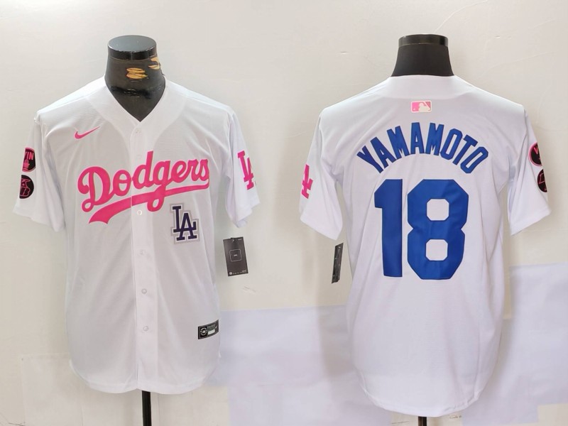 Personalized Men’s Los Angeles Dodgers #18 Yoshinobu Yamamoto White Pink Vin & Kobe Patch Stitched Baseball Jerseys