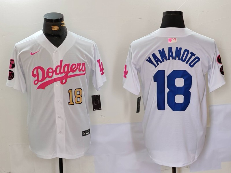 Personalized Men’s Los Angeles Dodgers #18 Yoshinobu Yamamoto White Pink Vin & Kobe Patch Stitched Baseball Jerseys