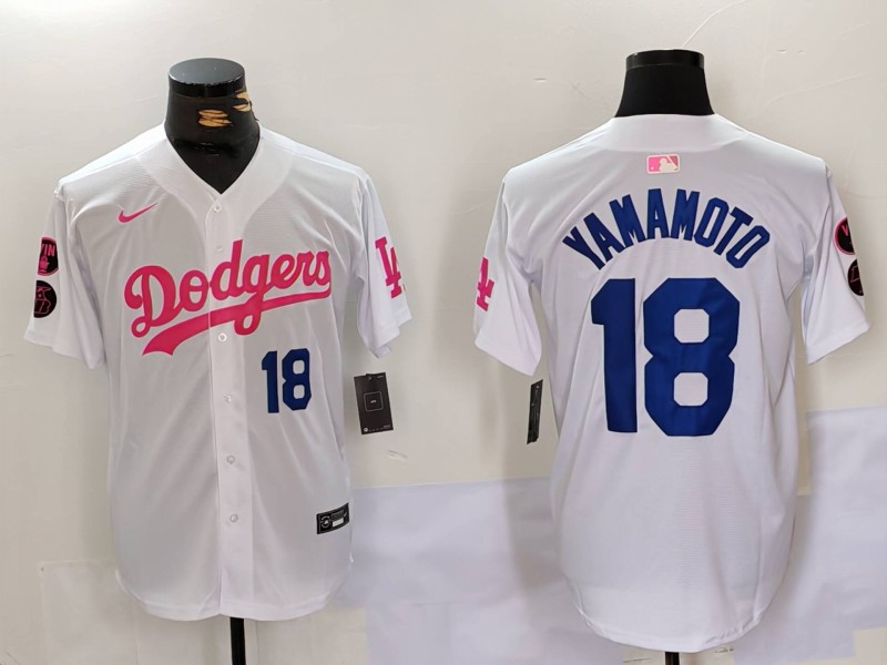 Personalized Men’s Los Angeles Dodgers #18 Yoshinobu Yamamoto White Pink Vin & Kobe Patch Stitched Baseball Jerseys