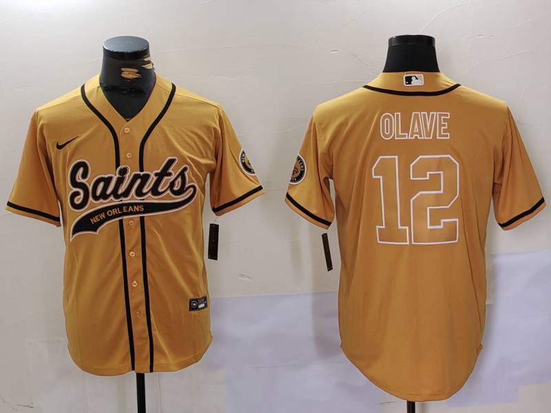 Personalized Men’s New Orleans Saints #12 Chris Olave Gold Cool Base Stitched Baseball Jersey