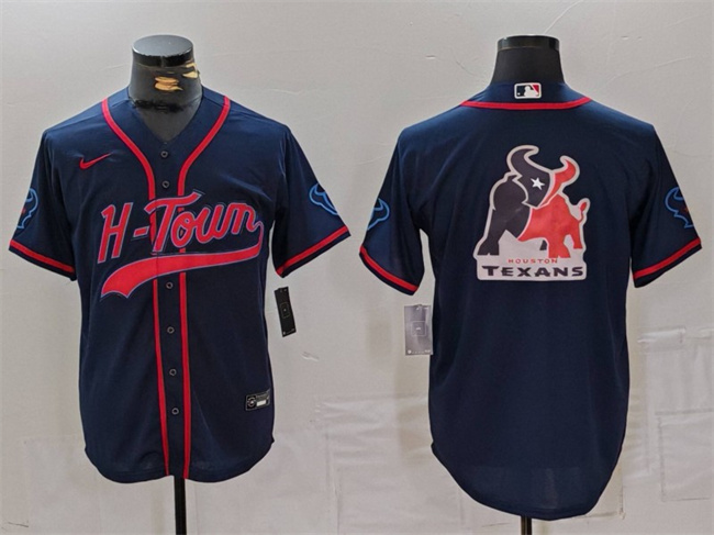 Personalized Men’s Houston Texans Team Big Logo Navy With Patch Cool Base Stitched Baseball Jersey