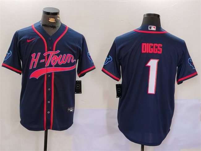 Personalized Men’s Houston Texans #1 Stefon Diggs Navy With Patch Cool Base Stitched Baseball Jersey
