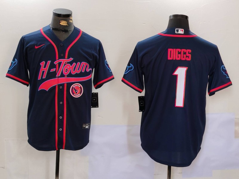 Personalized Men’s Houston Texans #1 Stefon Diggs Navy With Patch Cool Base Stitched Baseball Jerseys