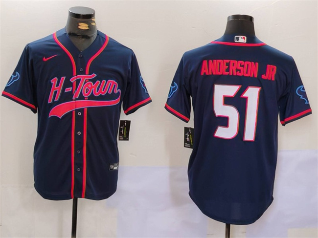 Personalized Men’s Houston Texans #51 Will Anderson Jr. Navy With Patch Cool Base Stitched Baseball Jersey