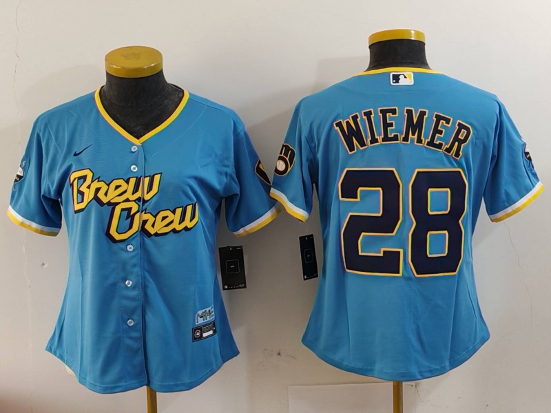 Personalized Women’s Milwaukee Brewers #28 Joey Wiemer Powder Blue City Connect Cool Base Stitched Jersey