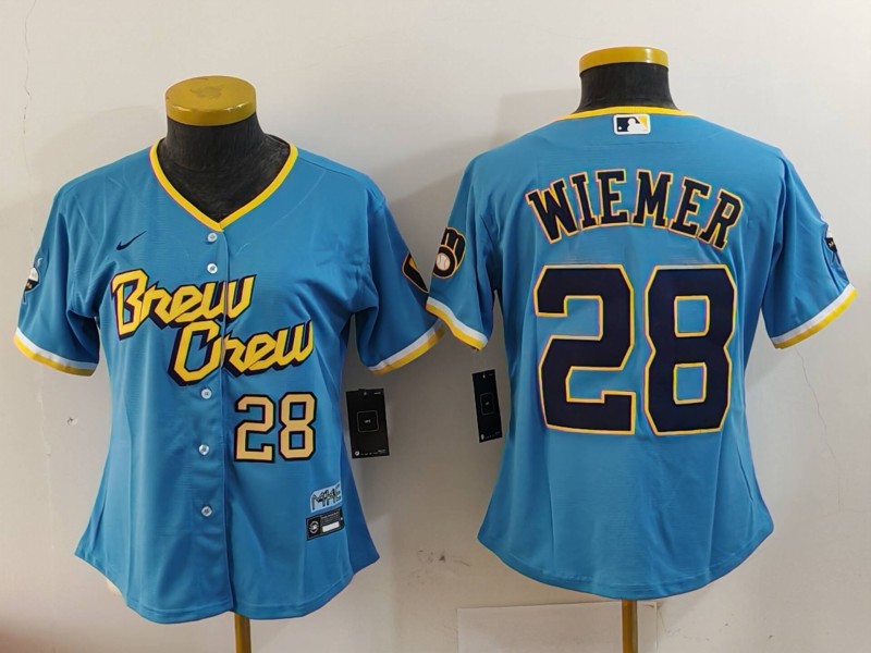 Personalized Women’s Milwaukee Brewers #28 Joey Wiemer Powder Blue City Connect Cool Base Stitched Jerseys