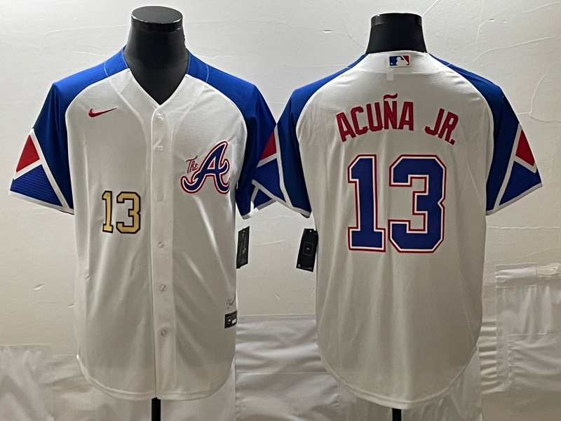 Personalized MLB Braves 13 Ronald Acuna White City Connect Cool Base Men Jersey