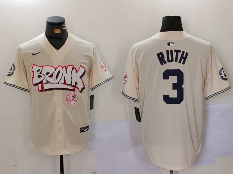 Personalized Men’s New York Yankees #3 Babe Ruth Cream The Bronx Graffiti V2 Limited Stitched Baseball Jersey