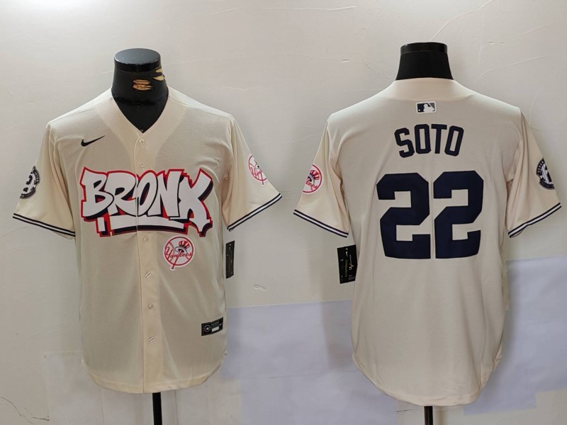 Personalized Men’s New York Yankees #22 Juan Soto Cream The Bronx Graffiti V2 Limited Stitched Baseball Jersey