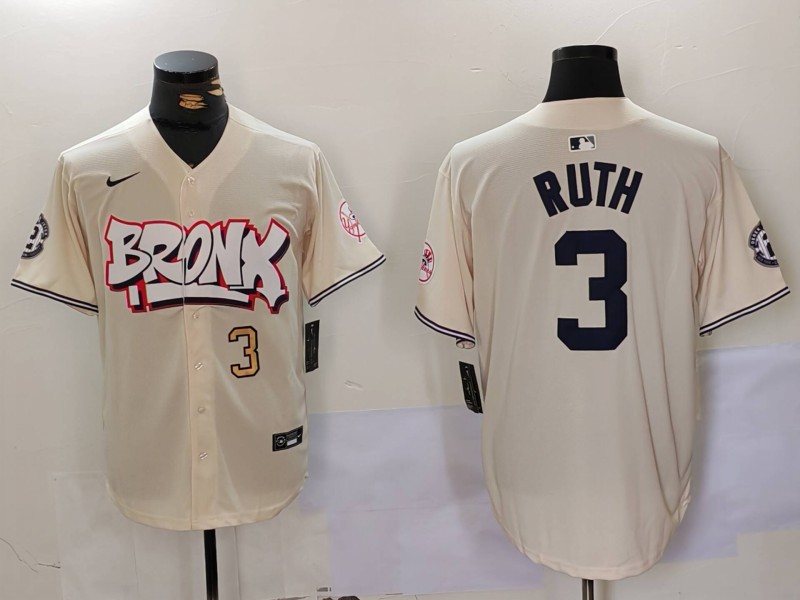 Personalized Men’s New York Yankees #3 Babe Ruth Cream The Bronx Graffiti V2 Limited Stitched Baseball Jerseys