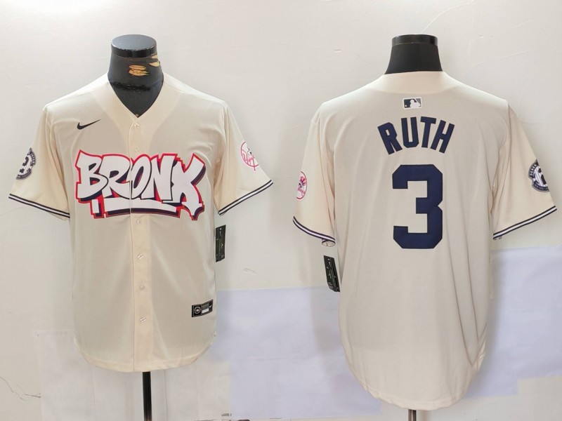 Personalized Men’s New York Yankees #3 Babe Ruth Cream The Bronx Graffiti V2 Limited Stitched Baseball Jerseys