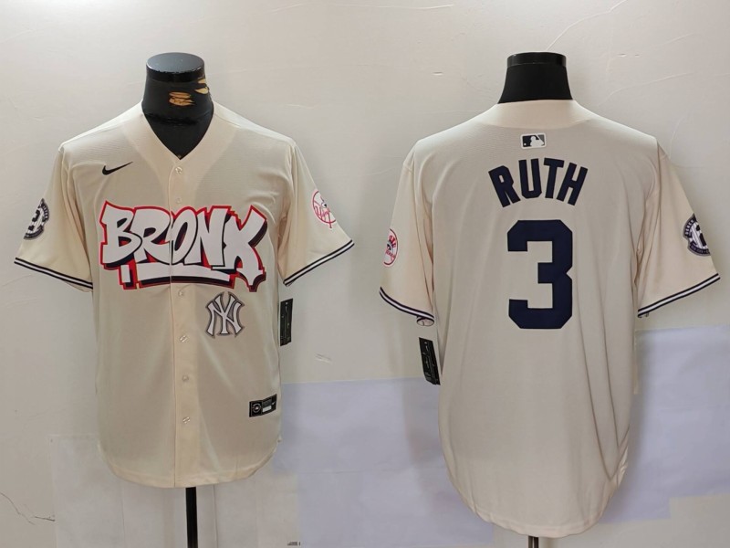 Personalized Men’s New York Yankees #3 Babe Ruth Cream The Bronx Graffiti V2 Limited Stitched Baseball Jerseys