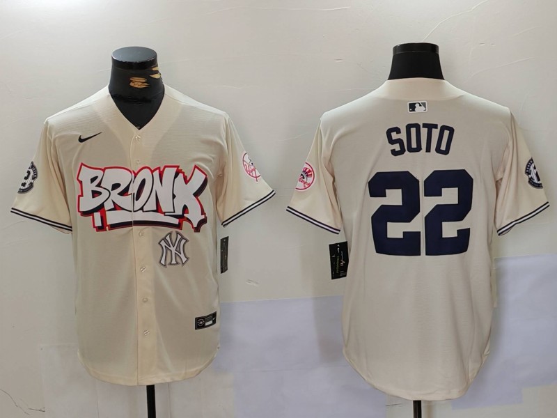 Personalized Men’s New York Yankees #22 Juan Soto Cream The Bronx Graffiti V2 Limited Stitched Baseball Jerseys