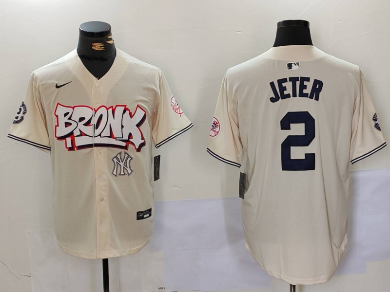Personalized Men’s New York Yankees #2 Derek Jeter Cream The Bronx Graffiti V2 Limited Stitched Baseball Jerseys