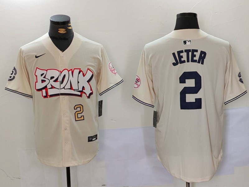 Personalized Men’s New York Yankees #2 Derek Jeter Cream The Bronx Graffiti V2 Limited Stitched Baseball Jerseys
