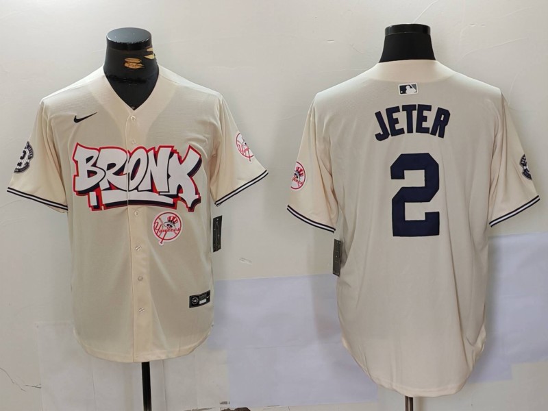 Personalized Men’s New York Yankees #2 Derek Jeter Cream The Bronx Graffiti V2 Limited Stitched Baseball Jerseys