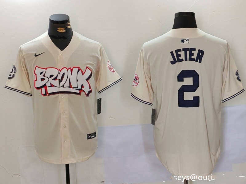 Personalized Men’s New York Yankees #2 Derek Jeter Cream The Bronx Graffiti V2 Limited Stitched Baseball Jerseys