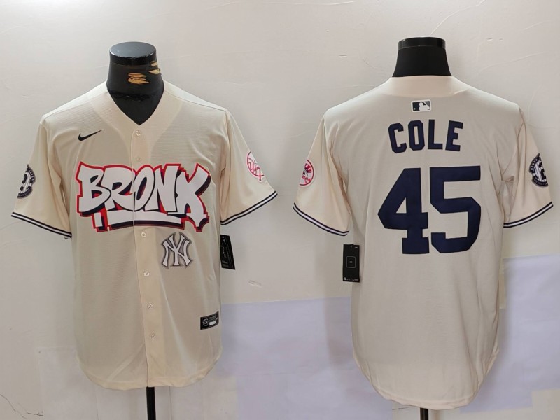 Personalized Men’s New York Yankees #45 Gerrit ColeCream The Bronx Graffiti V2 Limited Stitched Baseball Jerseys