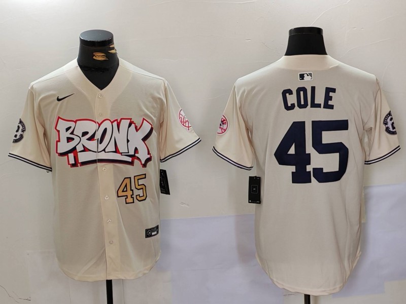 Personalized Men’s New York Yankees #45 Gerrit ColeCream The Bronx Graffiti V2 Limited Stitched Baseball Jerseys