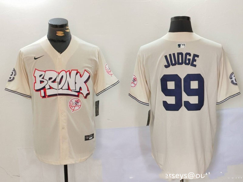 Personalized Men’s New York Yankees #99 Aaron Judge Cream The Bronx Graffiti V2 Limited Stitched Baseball Jerseys
