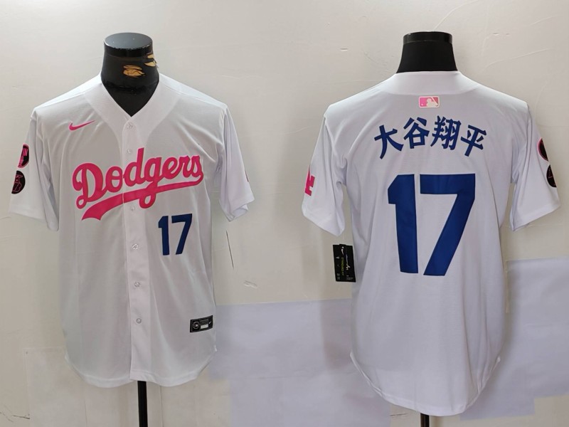 Personalized Men’s Los Angeles Dodgers #17大谷翔平 White Pink Vin & Kobe Patch Stitched Baseball Jerseys