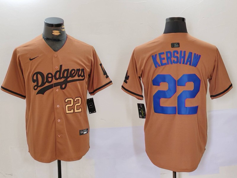 Personalized Men’s Los Angeles Dodgers #22 22 Clayton Kershaw Brown Cool Base Stitched Baseball Jersey