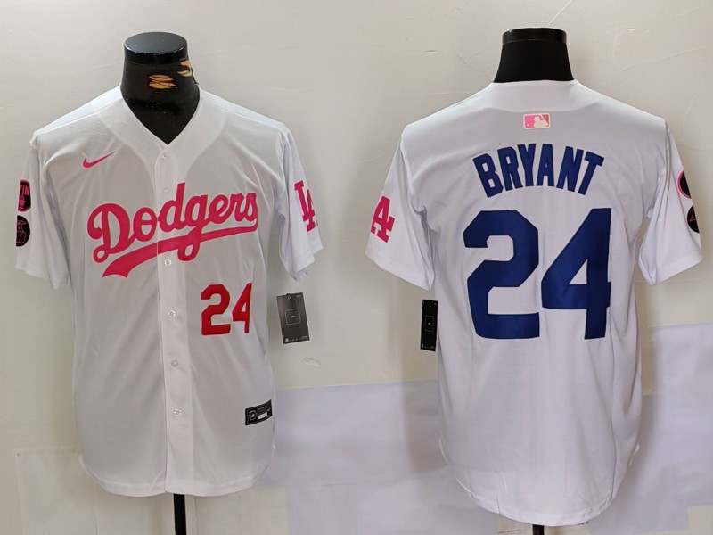 Personalized Men’s Los Angeles Dodgers #24 Kobe Bryant White Pink Vin & Kobe Patch Stitched Baseball Jerseys