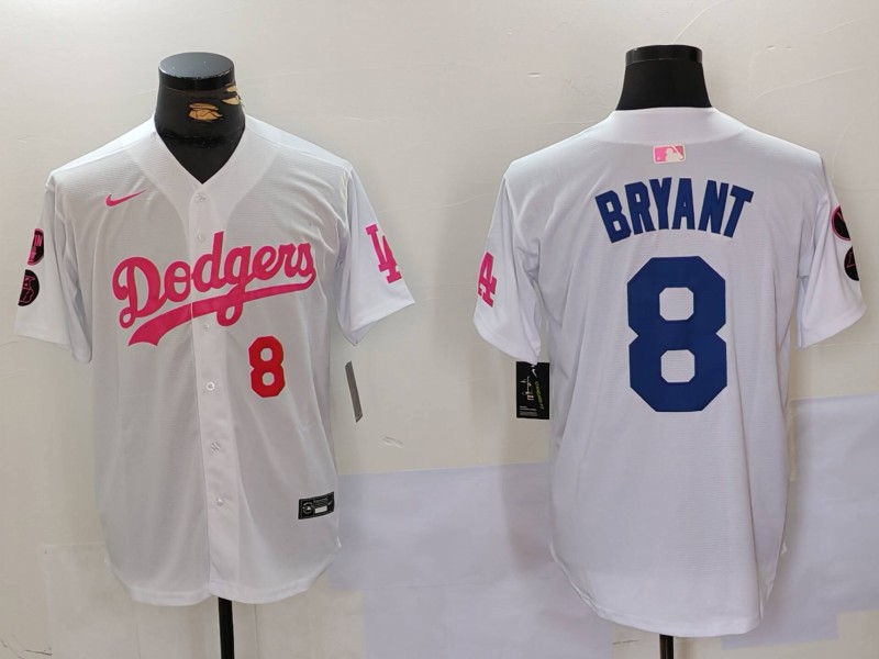 Personalized Men’s Los Angeles Dodgers #8 Kobe Bryant White Pink Vin & Kobe Patch Stitched Baseball Jerseys