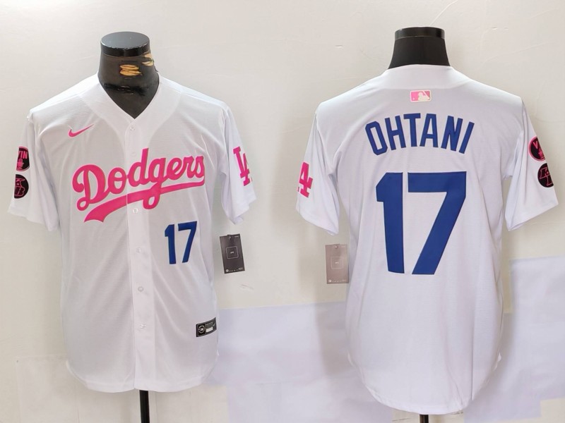 Personalized Men’s Los Angeles Dodgers #17 Shohei Ohtani White Pink Vin & Kobe Patch Stitched Baseball Jerseys