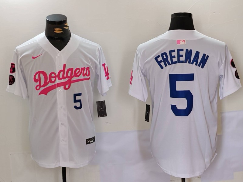 Personalized Men’s Los Angeles Dodgers #5 Freddie Freeman White Pink Vin & Kobe Patch Stitched Baseball Jerseys