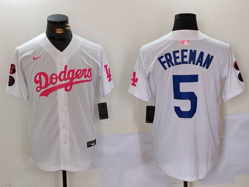 Personalized Men’s Los Angeles Dodgers #5 Freddie Freeman White Pink Vin & Kobe Patch Stitched Baseball Jerseys