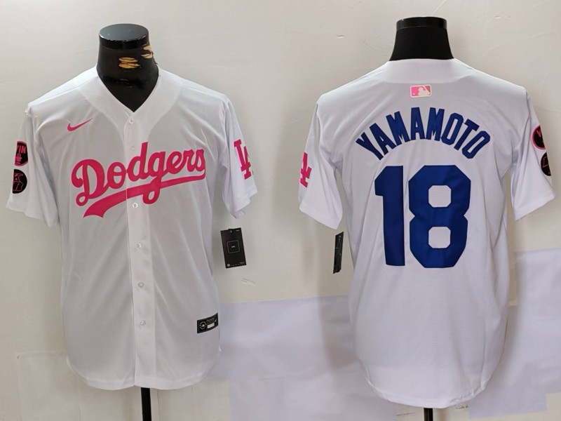 Personalized Men’s Los Angeles Dodgers #18 Yoshinobu Yamamoto White Pink Vin & Kobe Patch Stitched Baseball Jerseys