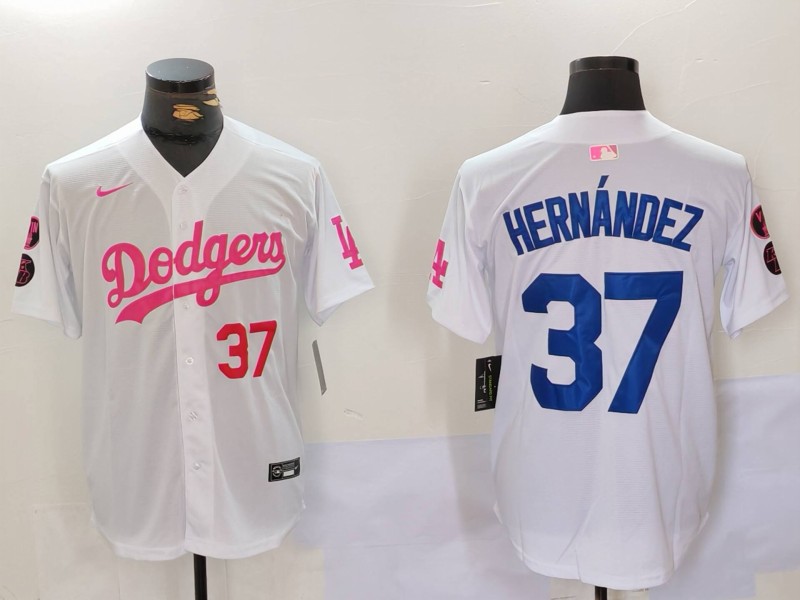 Personalized Men’s Los Angeles Dodgers #37 Teoscar Hernandez White Pink Vin & Kobe Patch Stitched Baseball Jerseys