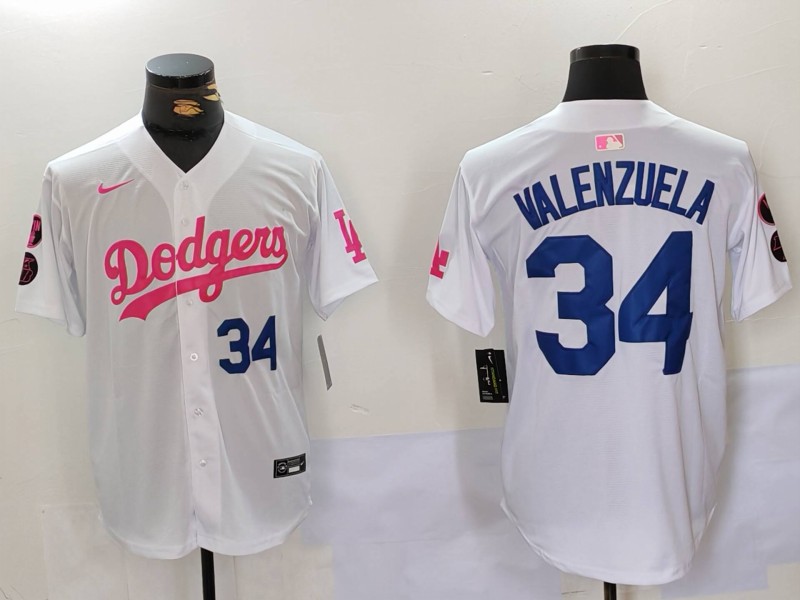 Personalized Men’s Los Angeles Dodgers #34 Fernando Valenzuela White Pink Vin & Kobe Patch Stitched Baseball Jerseys