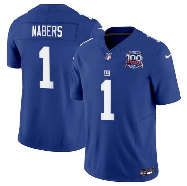 Personalized Men’s New York Giants #1 Malik Nabers Blue 2024 Draft F.U.S.E. 100TH Season Patch Untouchable Limited Stitched Jersey
