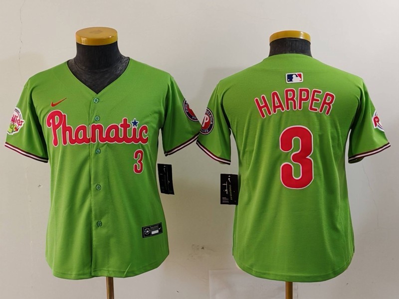 Personalized Youth Philadelphia Phillies #3 Bryce Harper Green With Patch Stitched Baseball Jersey