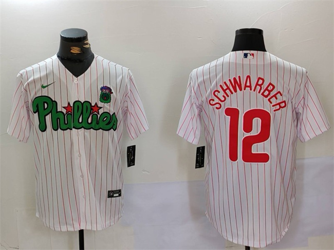 Personalized Men’s Philadelphia Phillies #12 Kyle Schwarber White Green Cool Base Stitched Jersey