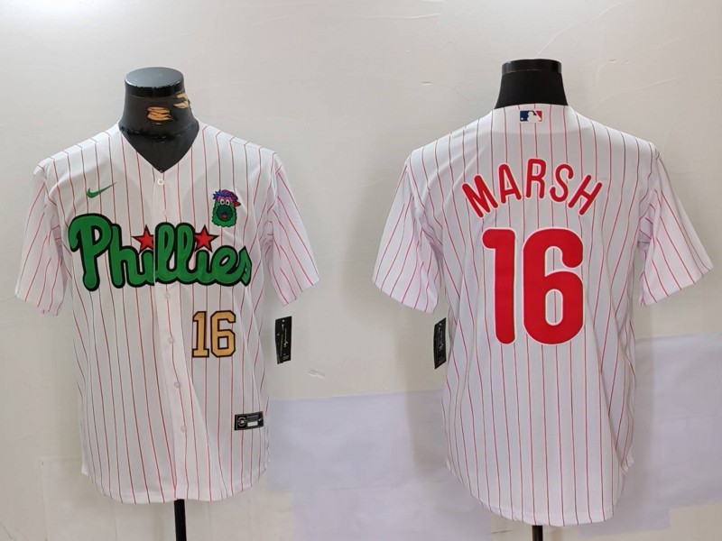 Personalized Men’s Philadelphia Phillies #16 Brandon Marsh White Green Cool Base Stitched Jerseys