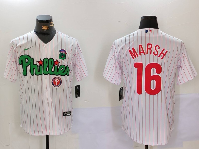 Personalized Men’s Philadelphia Phillies #16 Brandon Marsh White Green Cool Base Stitched Jerseys