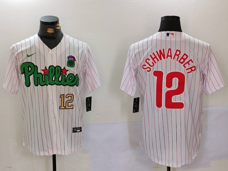 Personalized Men’s Philadelphia Phillies #12 Kyle Schwarber White Green Cool Base Stitched Jerseys