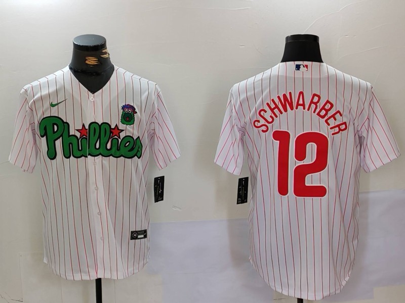 Personalized Men’s Philadelphia Phillies #12 Kyle Schwarber White Green Cool Base Stitched Jerseys