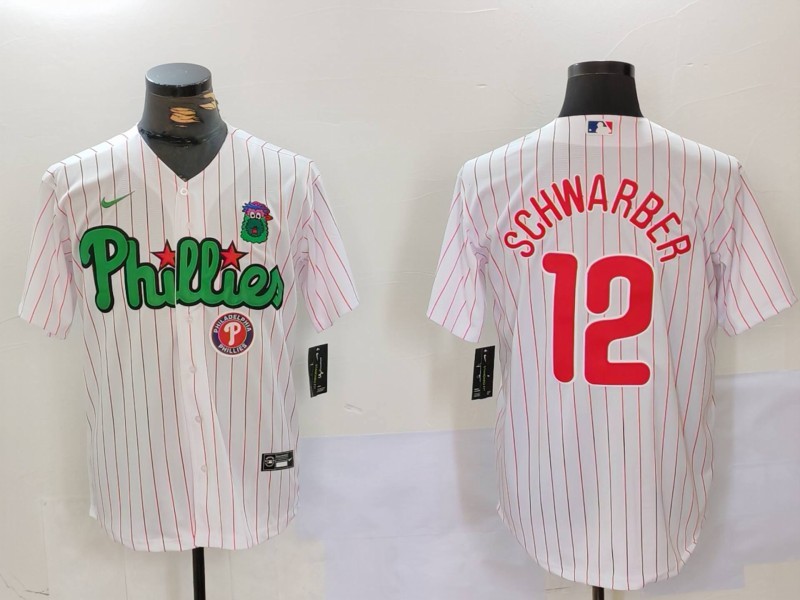 Personalized Men’s Philadelphia Phillies #12 Kyle Schwarber White Green Cool Base Stitched Jerseys