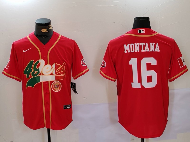 Personalized Men’s San Francisco 49ers #16 Joe Montana Red With Patch Cool Base Stitched Baseball Jerseys