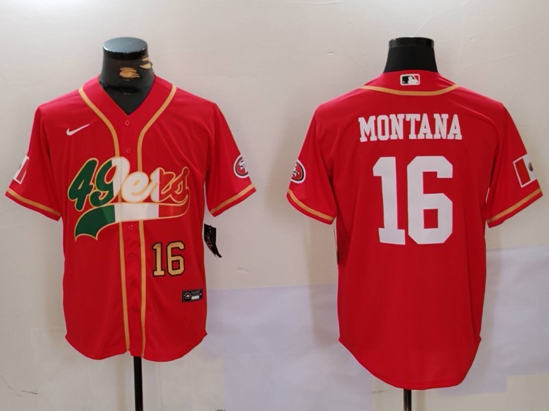 Personalized Men’s San Francisco 49ers #16 Joe Montana Red With Patch Cool Base Stitched Baseball Jerseys